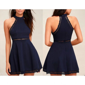 Lulus NWT Reach Out My Hand Navy Blue Lace Halter Skater Mini Dress Small Women